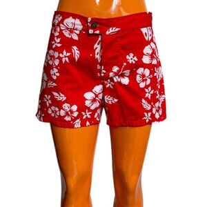 70s Vintage Women's Hawaiian Shorts Surf Beach Summer Red Floral Diamond Head.